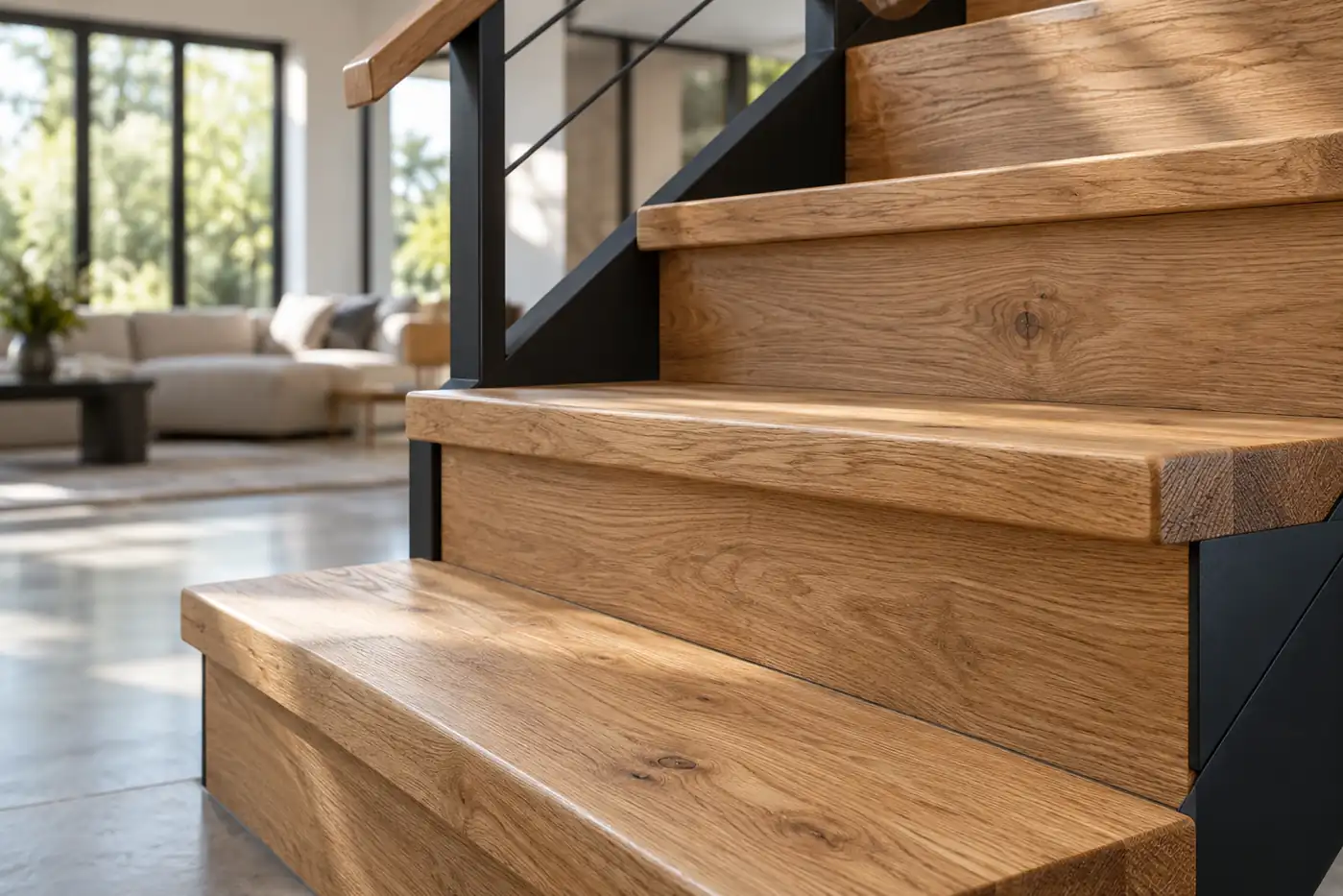 Close view of oak stair treads, grain and finished edges on a dark steel frame