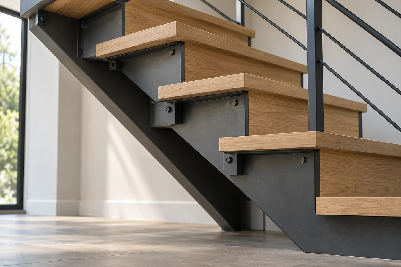 Steel stair stringer and tread support connections beneath oak steps