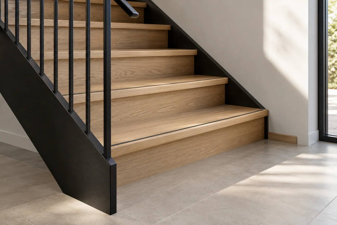Oak stair treads with discreet anti-slip inserts and matte black steel side plates
