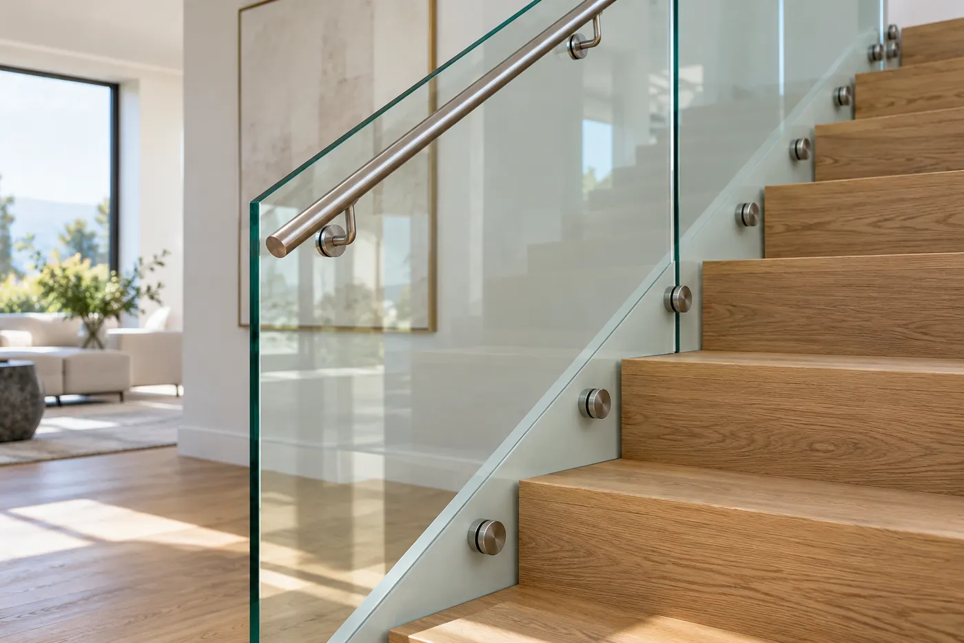 Clear glass stair railing with stainless steel fittings beside closed oak steps