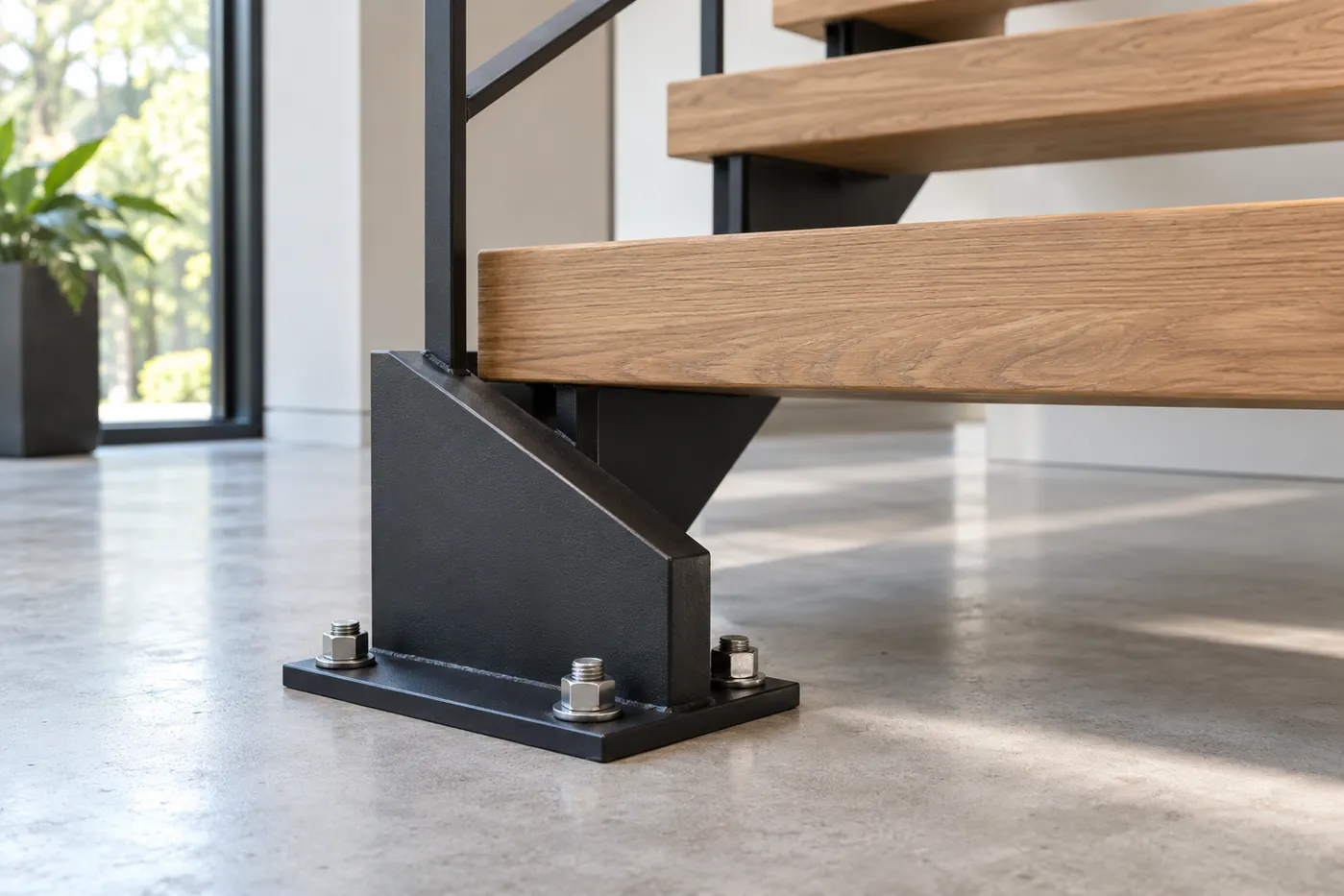 Bolted steel staircase base connection beneath timber steps