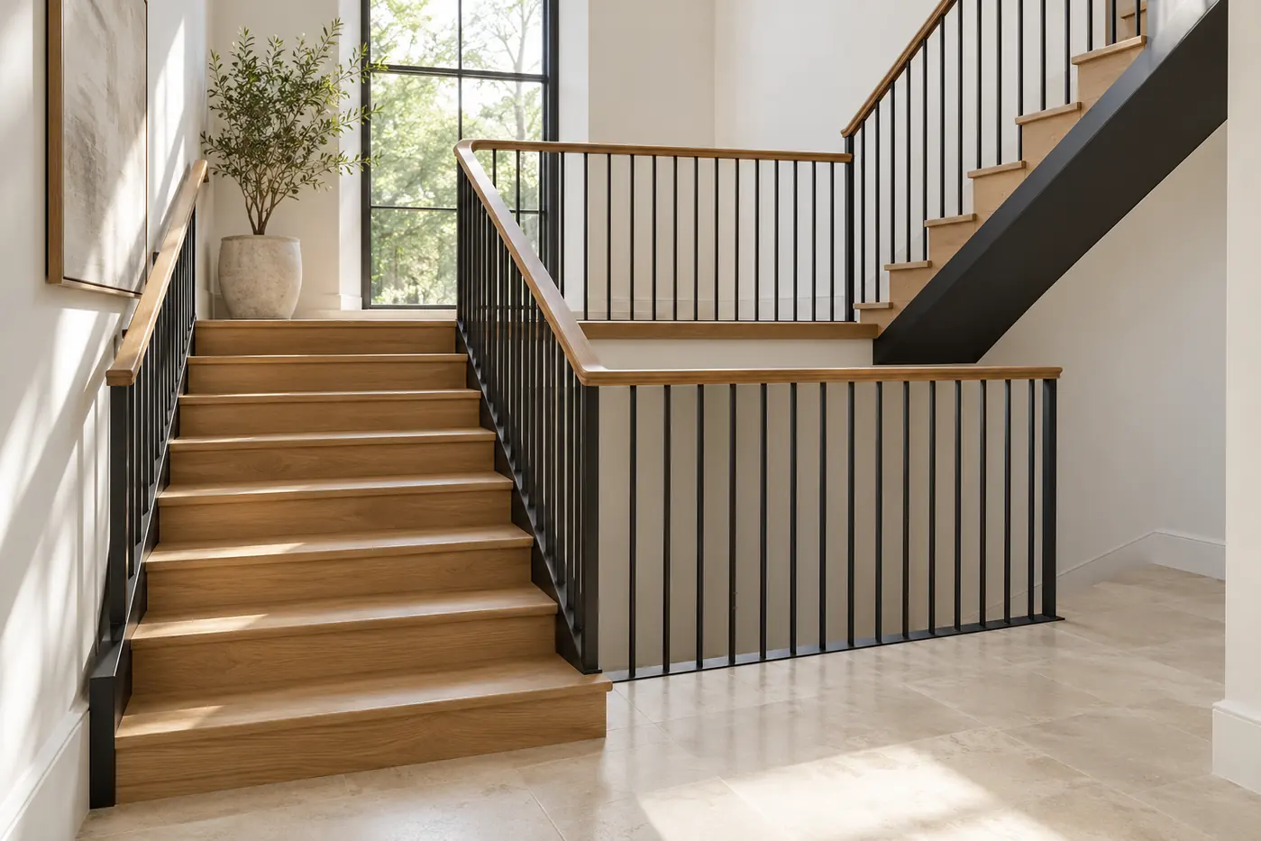 Finished oak and steel staircase with a turning landing and continuous railings