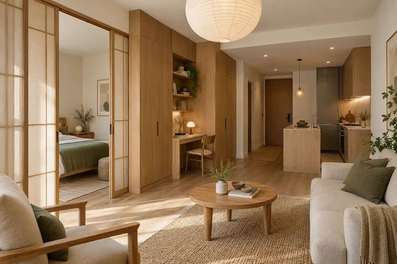 Compact Japandi apartment with sliding bedroom panels, built-in desk and oak storage