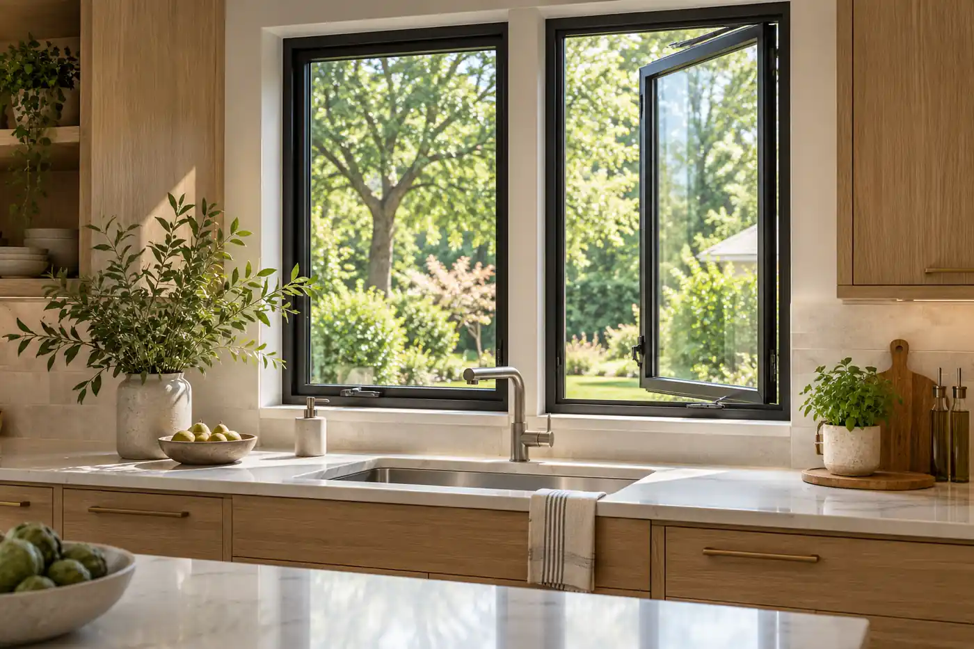 Kitchen with outward-opening casement windows above a sink and oak cabinetry