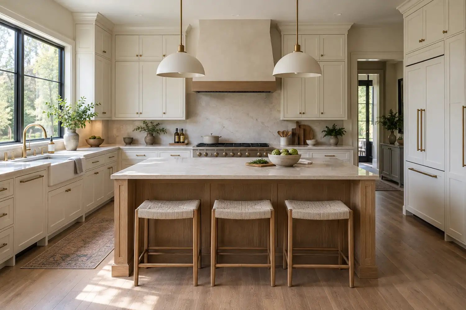 Bright residential kitchen with white cabinets, an oak island and three stools