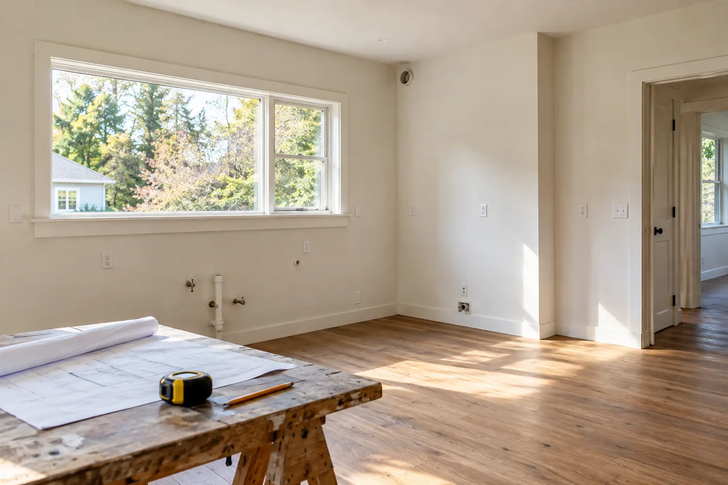 Empty kitchen showing windows, door openings and existing service locations
