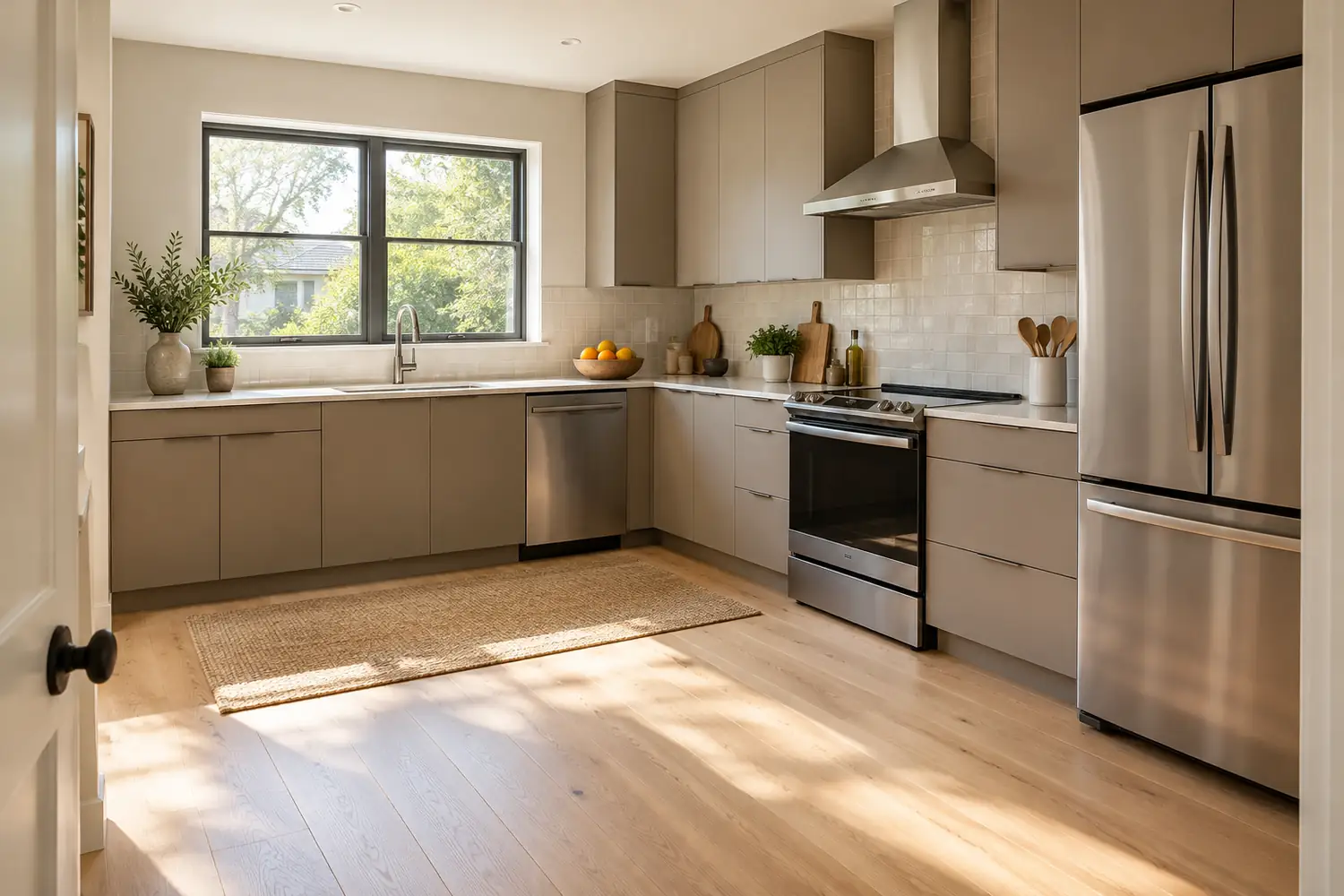L-shaped kitchen with an open center and no island