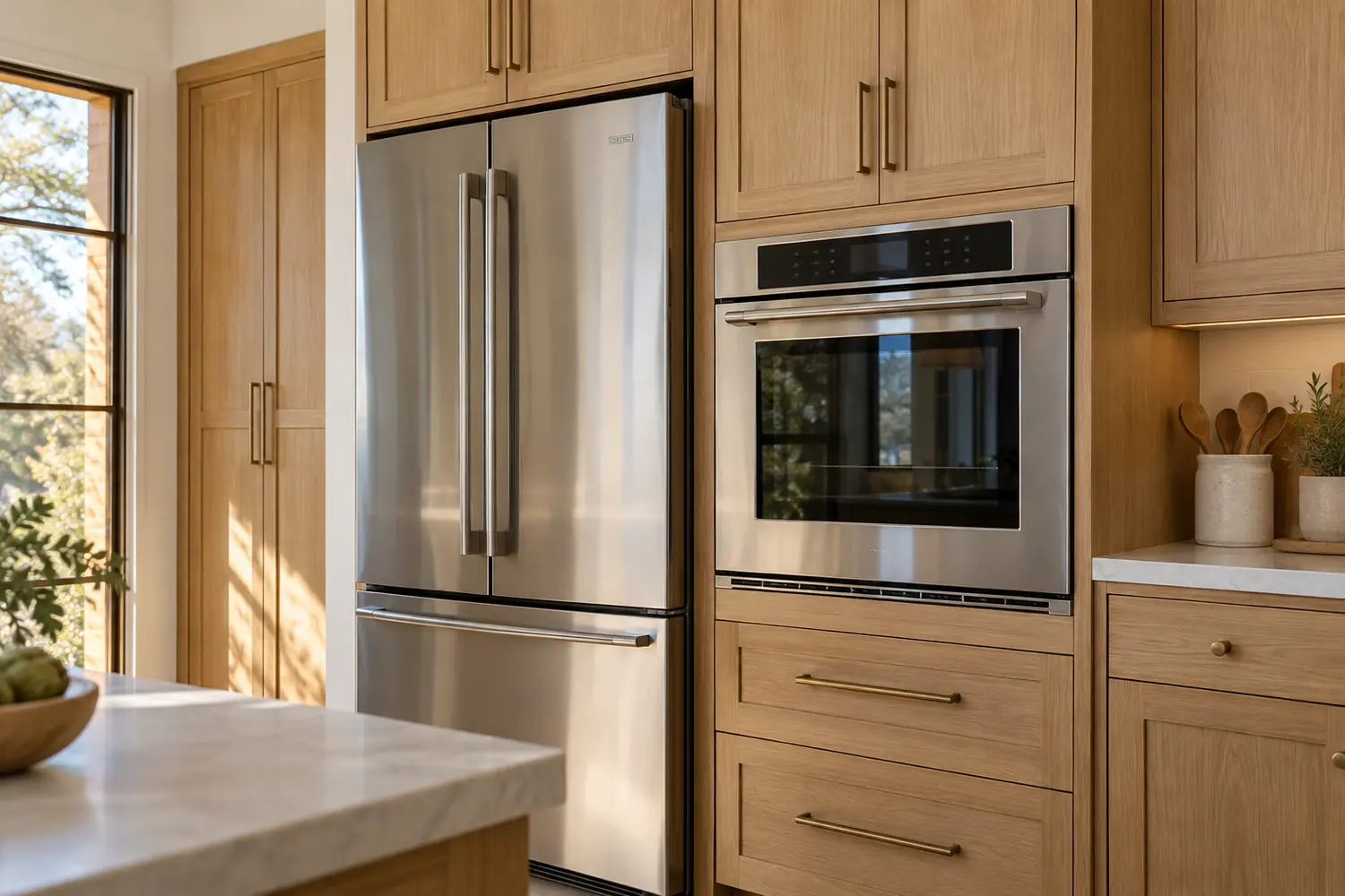 Refrigerator and wall oven fitted into a tall oak kitchen cabinet run