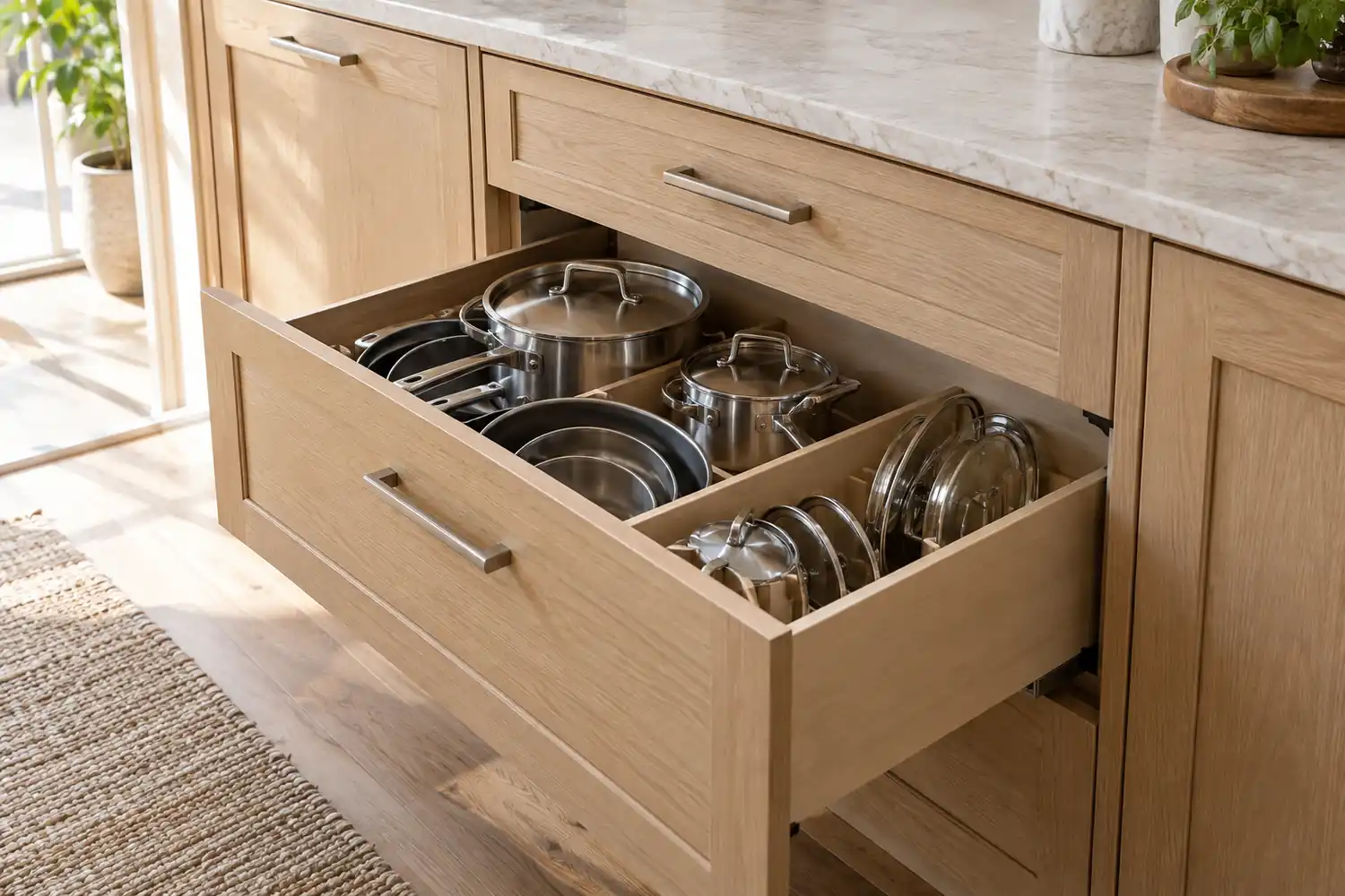 Deep oak kitchen drawer organizing pots and lids