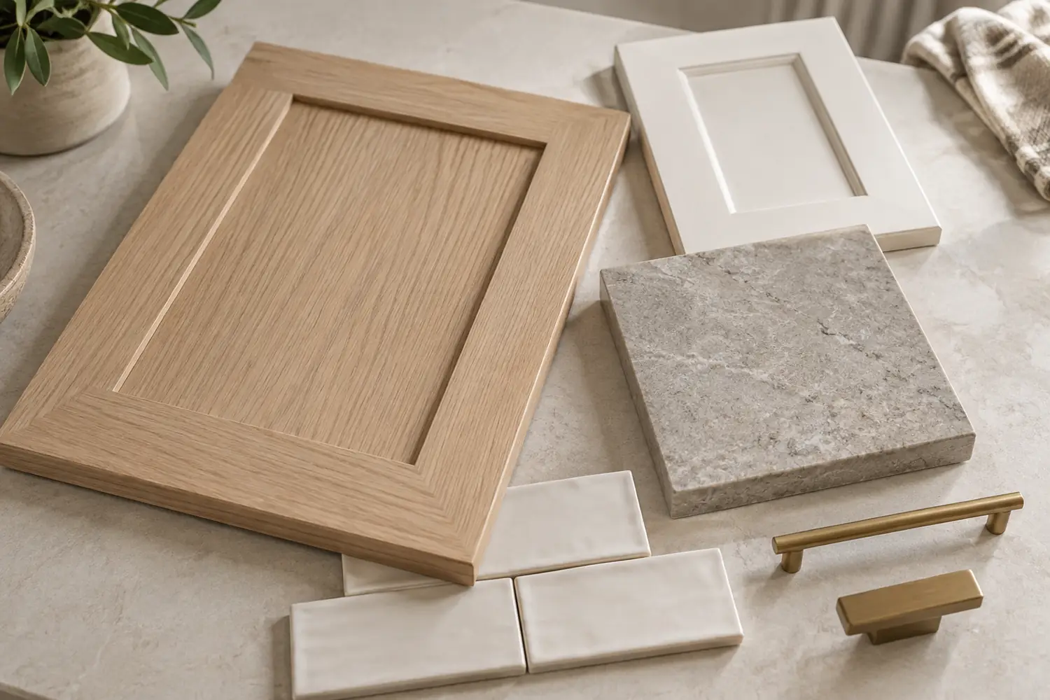 Oak and painted cabinet samples with stone, backsplash tile and brass handles