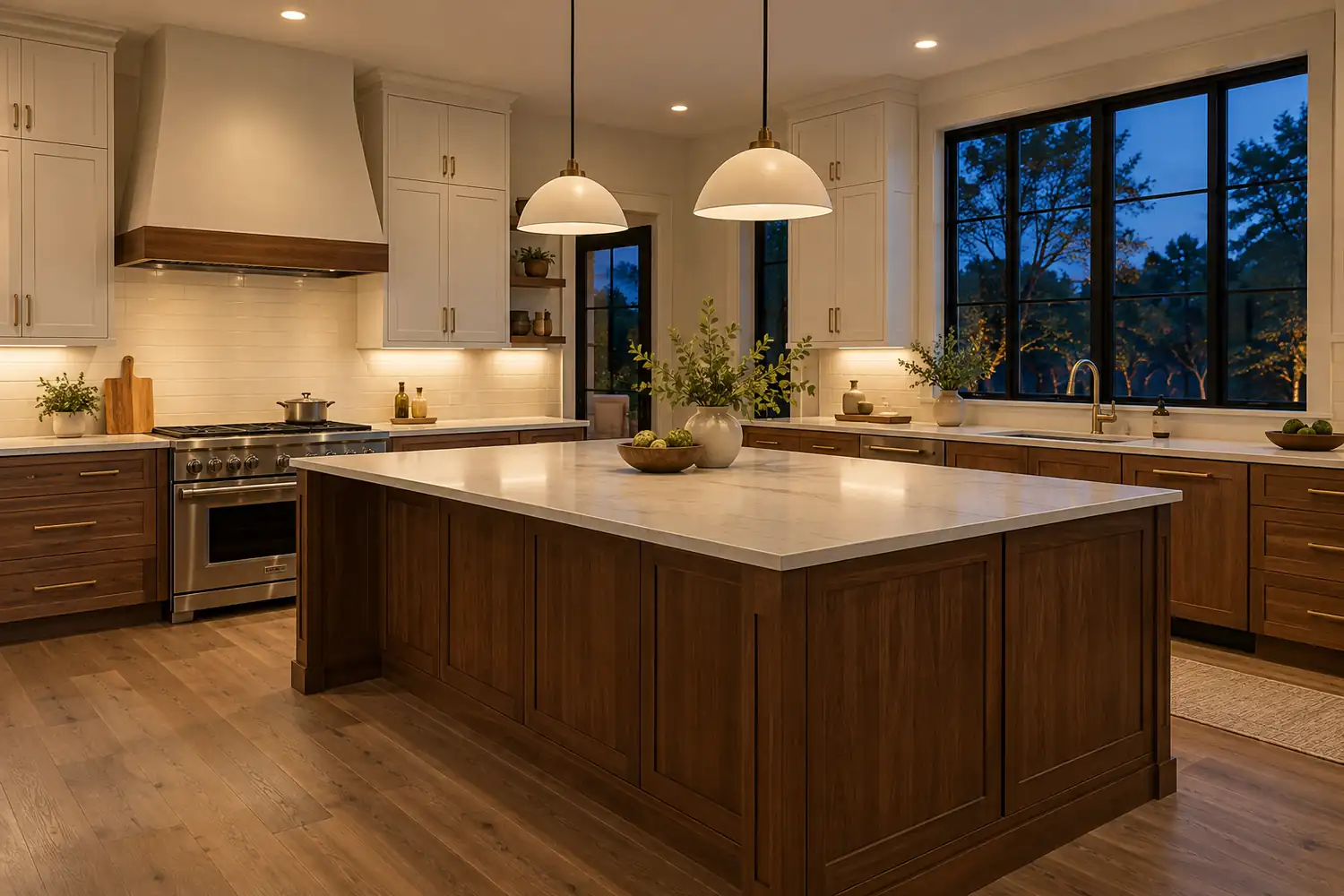 Kitchen with ceiling, under-cabinet and pendant lighting at dusk