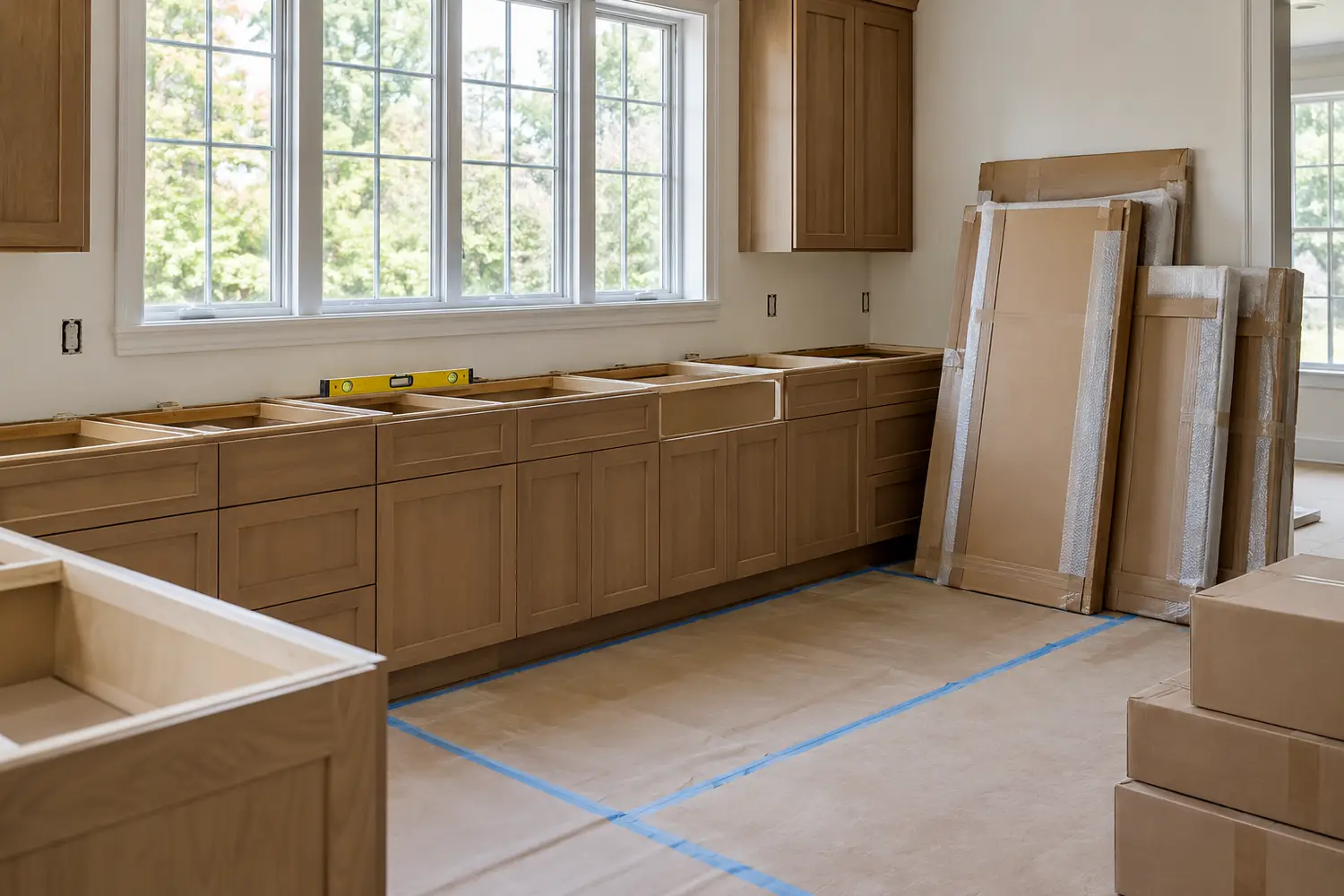 Kitchen cabinets before countertop installation with protected flooring and packaged panels