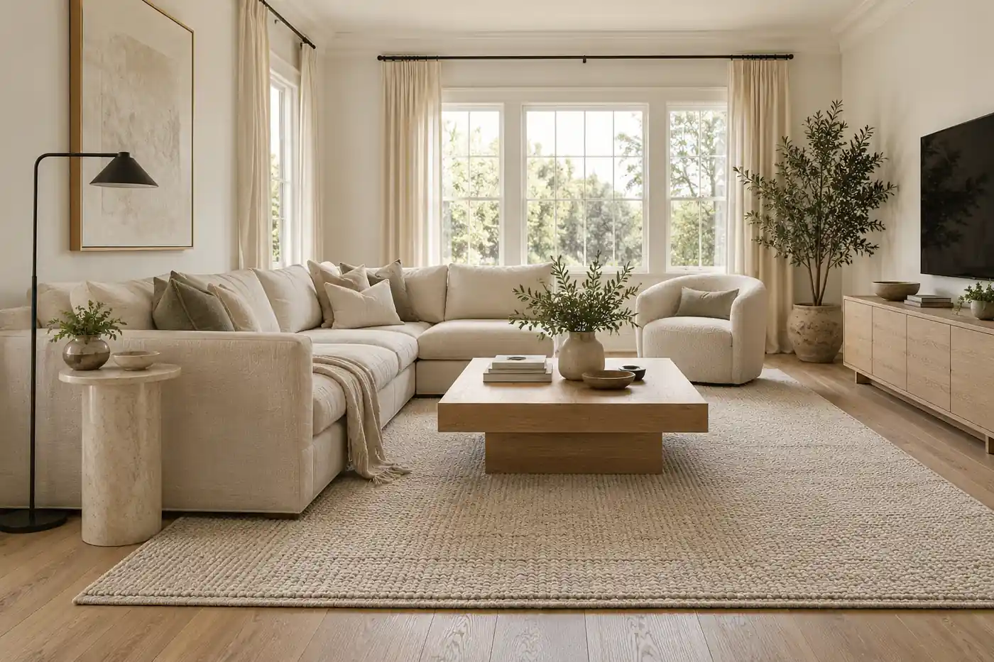 Warm white and sand living room with a cream sofa, light oak furniture and woven textiles