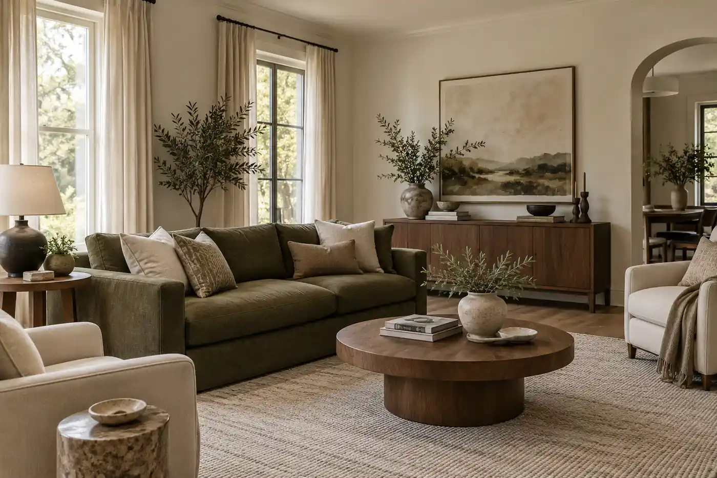 Cream living room with an olive green sofa, walnut furniture and warm natural light