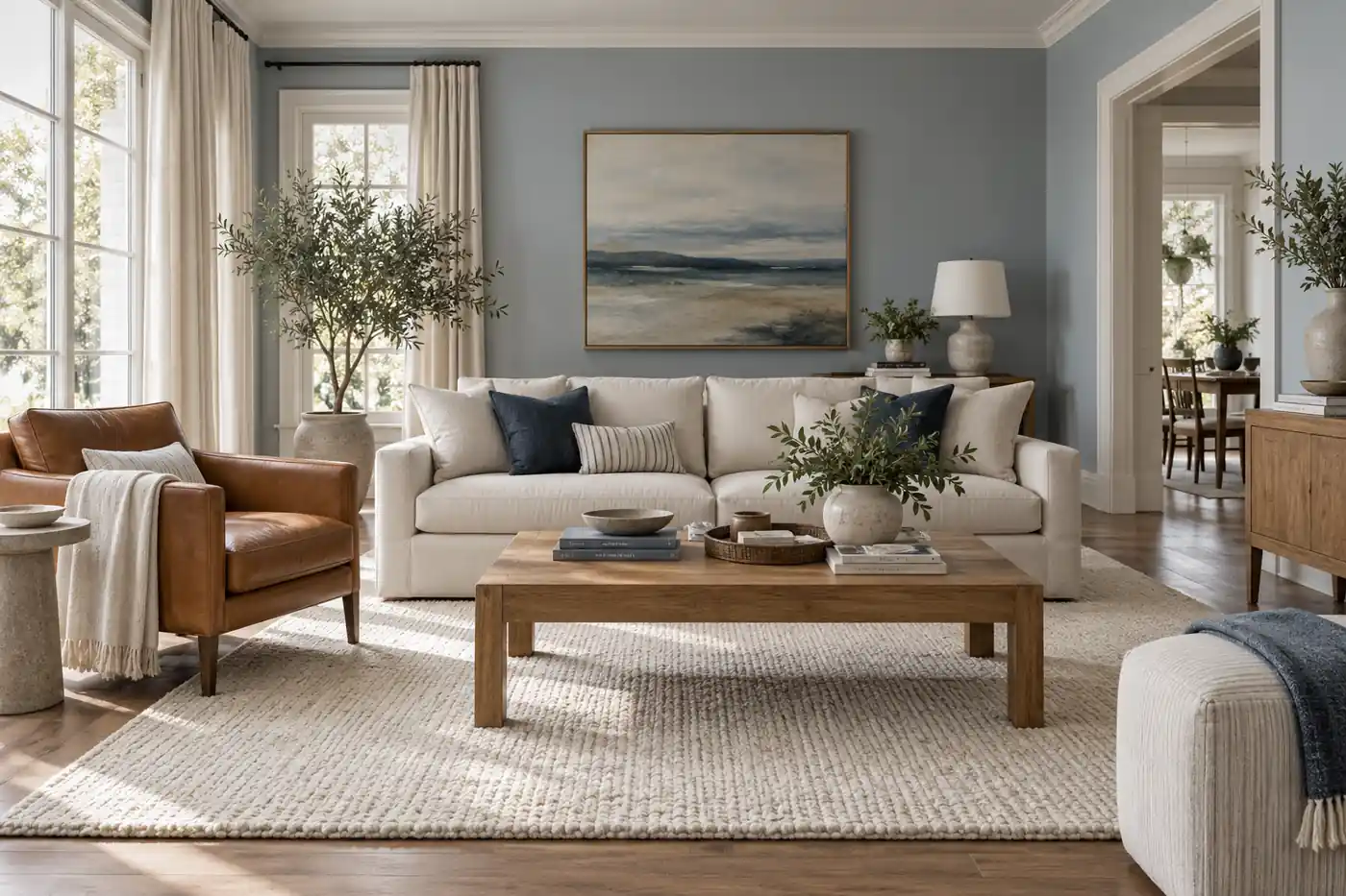 Soft blue living room with ivory upholstery, a cognac leather chair and warm wood