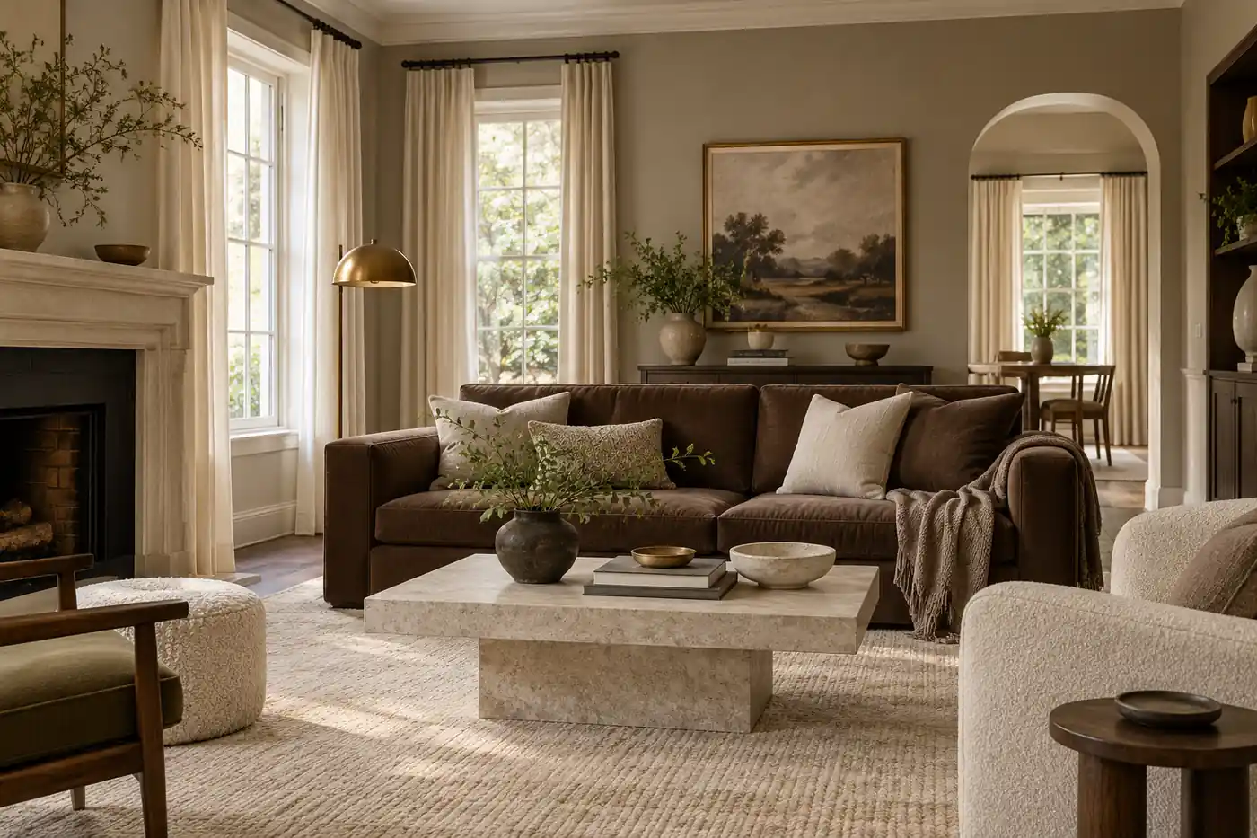 Taupe living room with a chocolate brown sofa, pale rug and brushed brass lighting