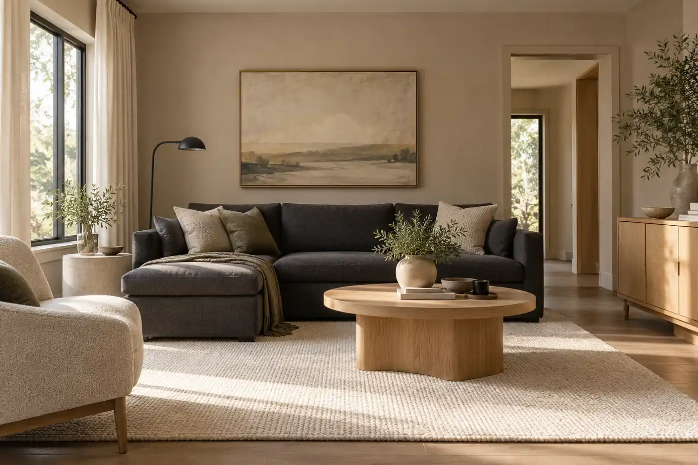 Warm gray living room with a charcoal sofa, oak furniture and cream textiles