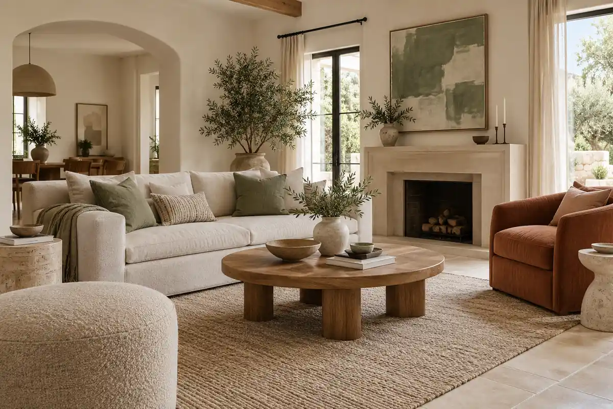 Cream living room with a terracotta chair, muted green cushions and warm wood