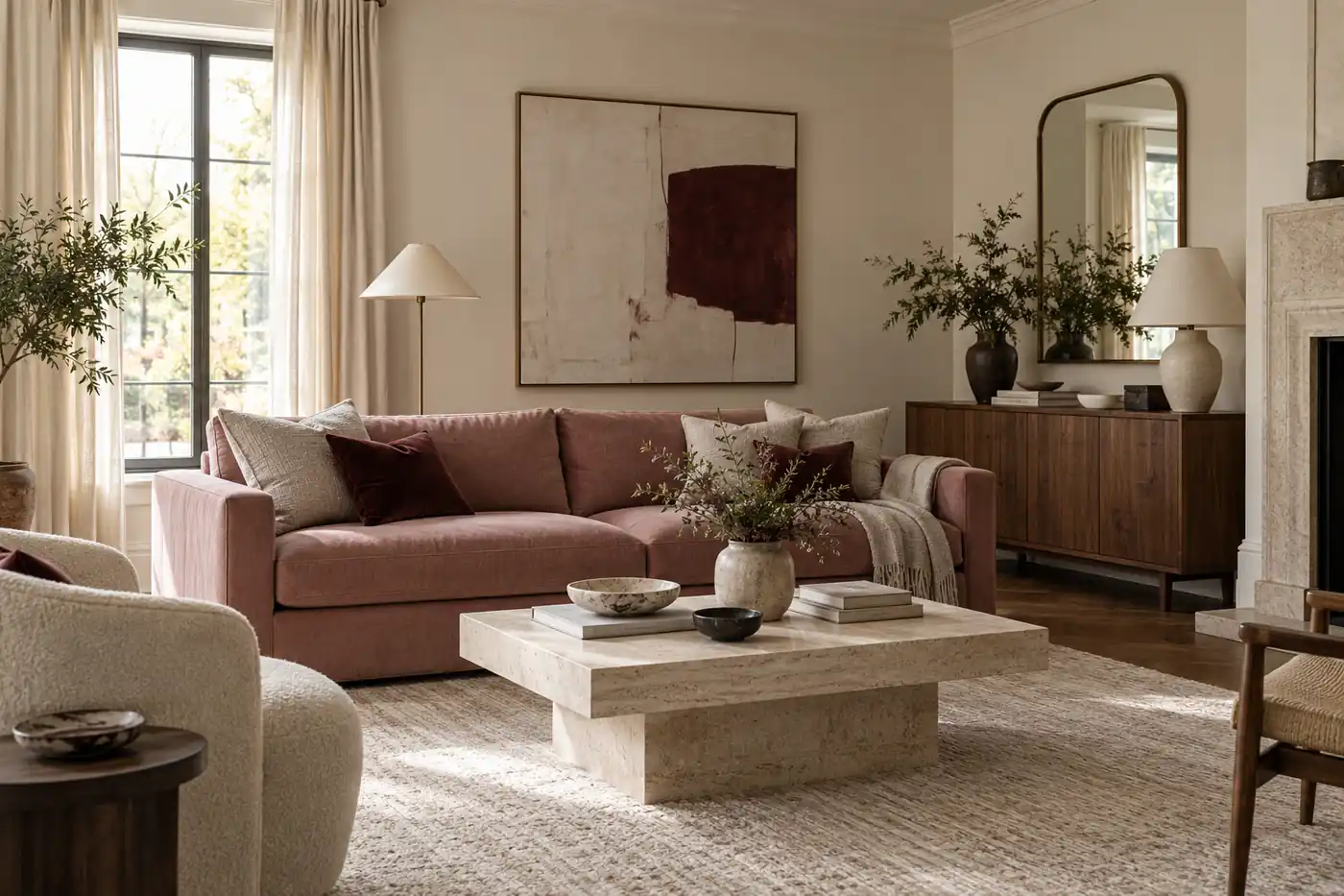 Ivory living room with a dusty rose sofa, burgundy cushions and walnut furniture