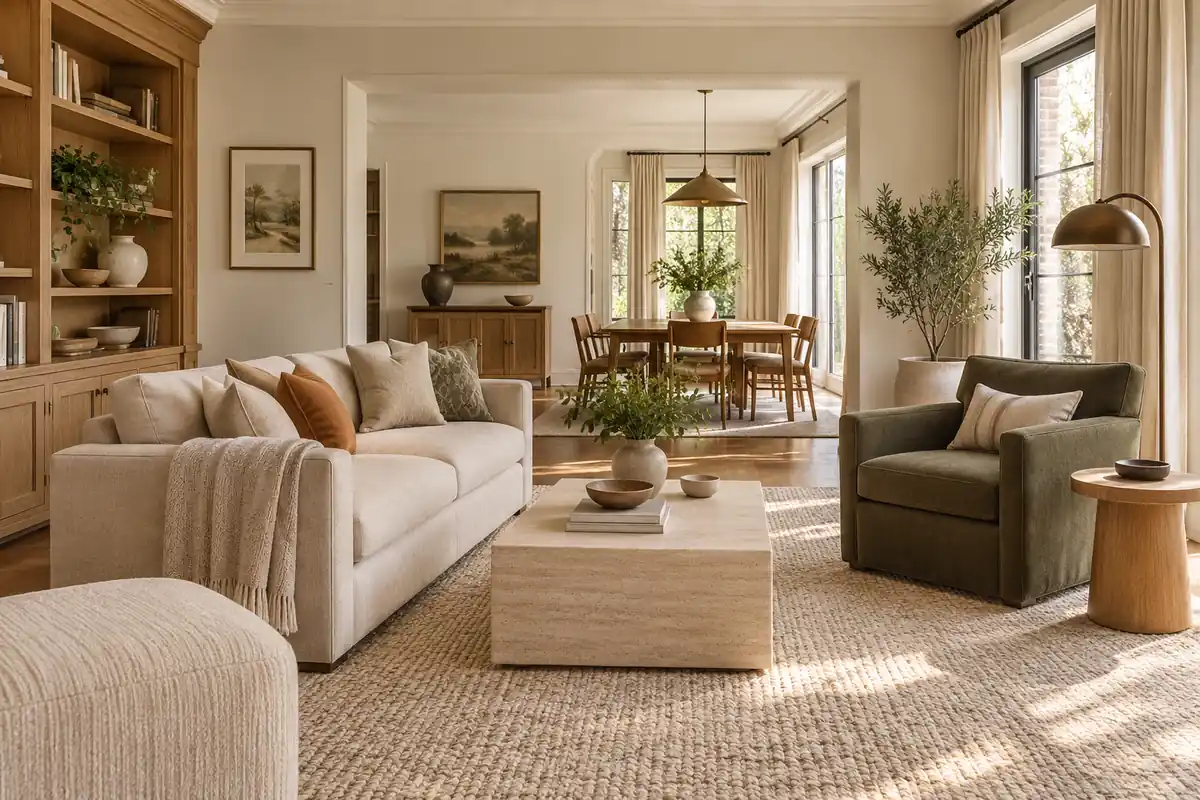 Sunlit living and dining room with cream upholstery, an olive chair and coordinated oak finishes