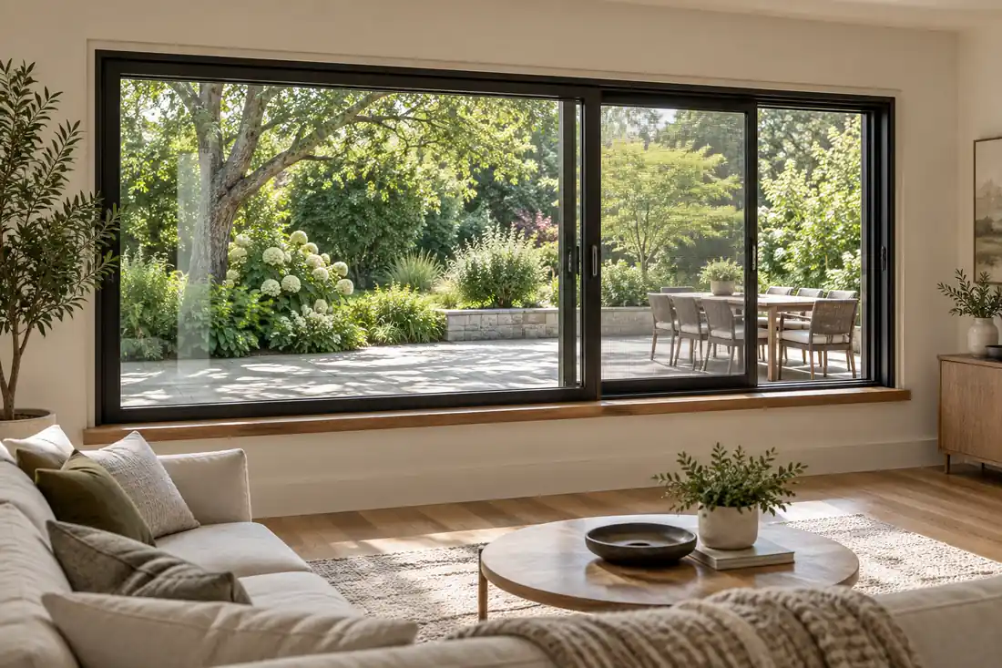Living room with a wide horizontal sliding window overlooking a garden