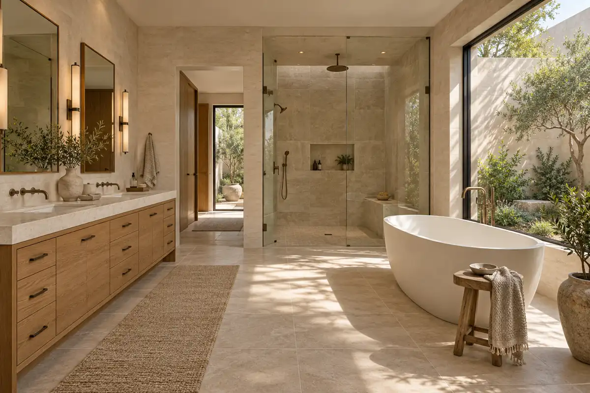 Warm villa bathroom with oak vanity, glass shower, and private garden bathtub