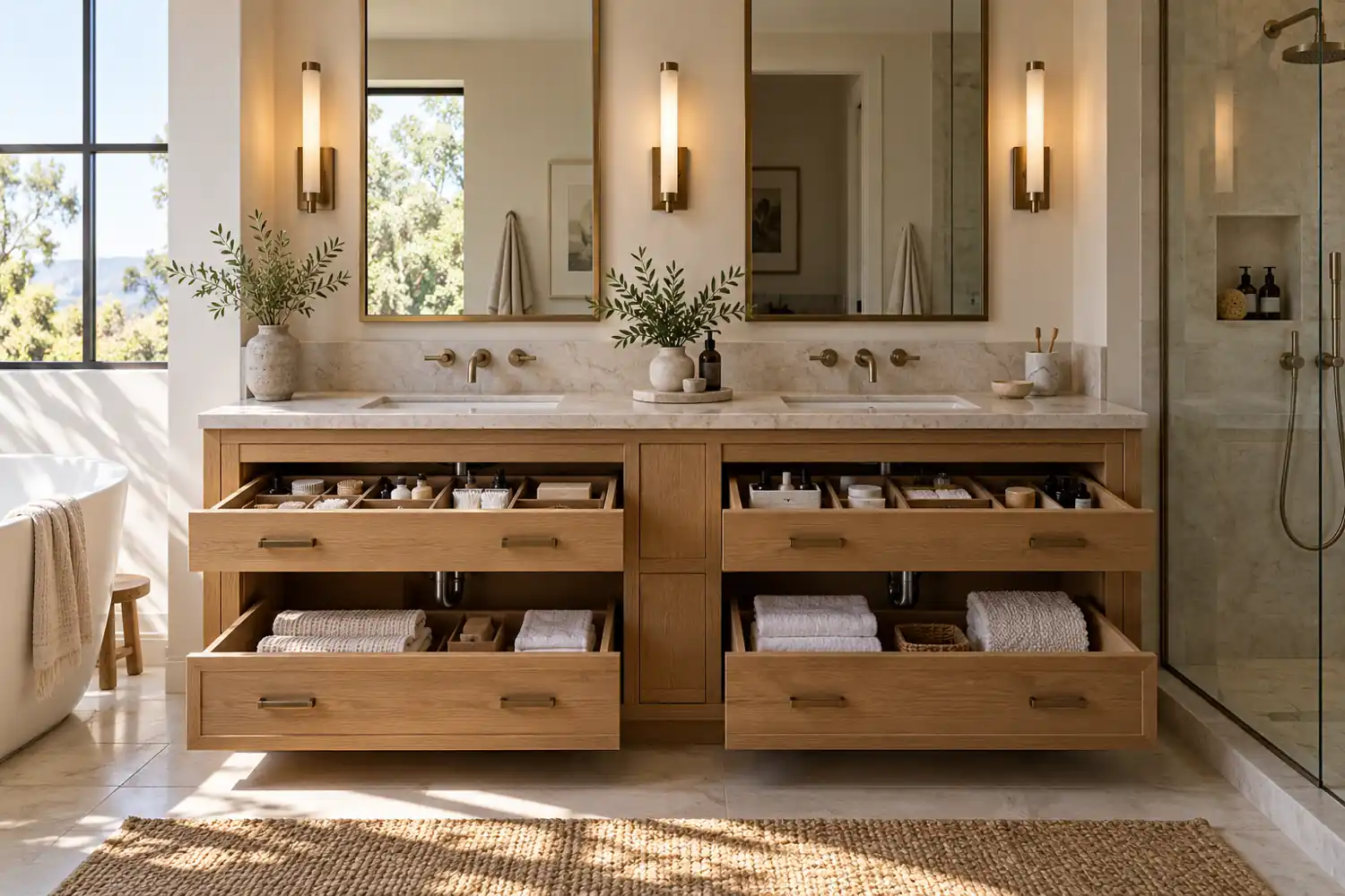 Oak double vanity with organized drawers and mirror lighting