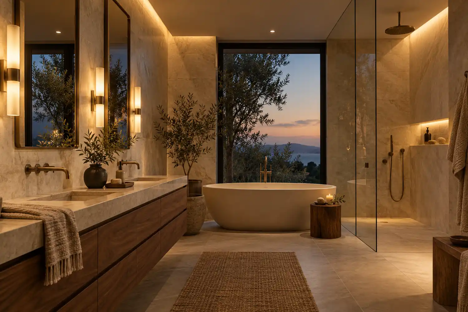 Warm bathroom with walnut cabinetry and layered lighting