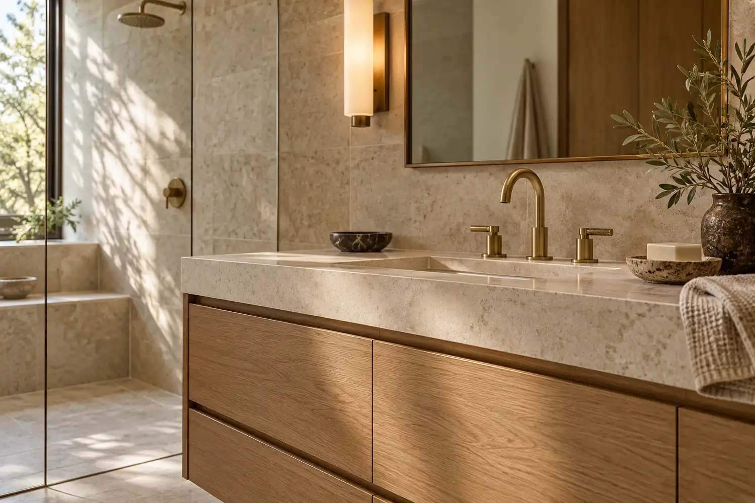 Oak, stone-look tile, brass fittings, and soft mirror lighting