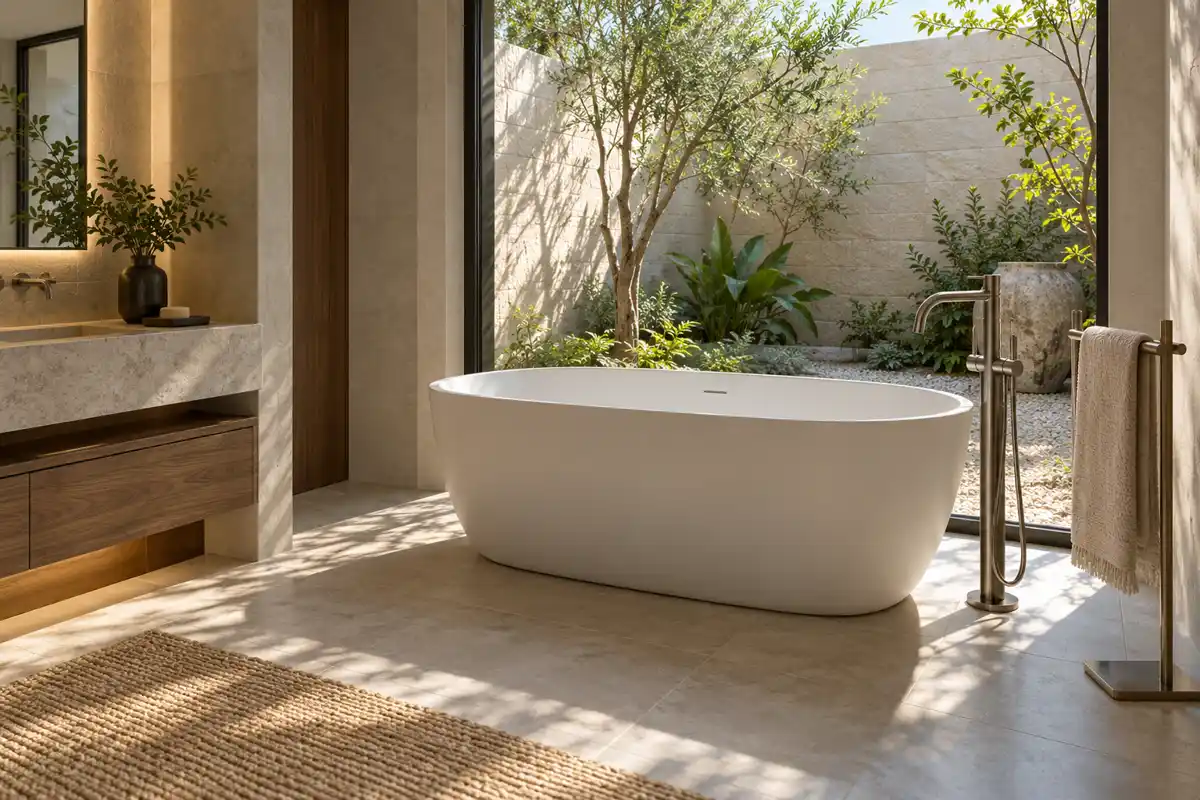 Freestanding bathtub beside a private courtyard window