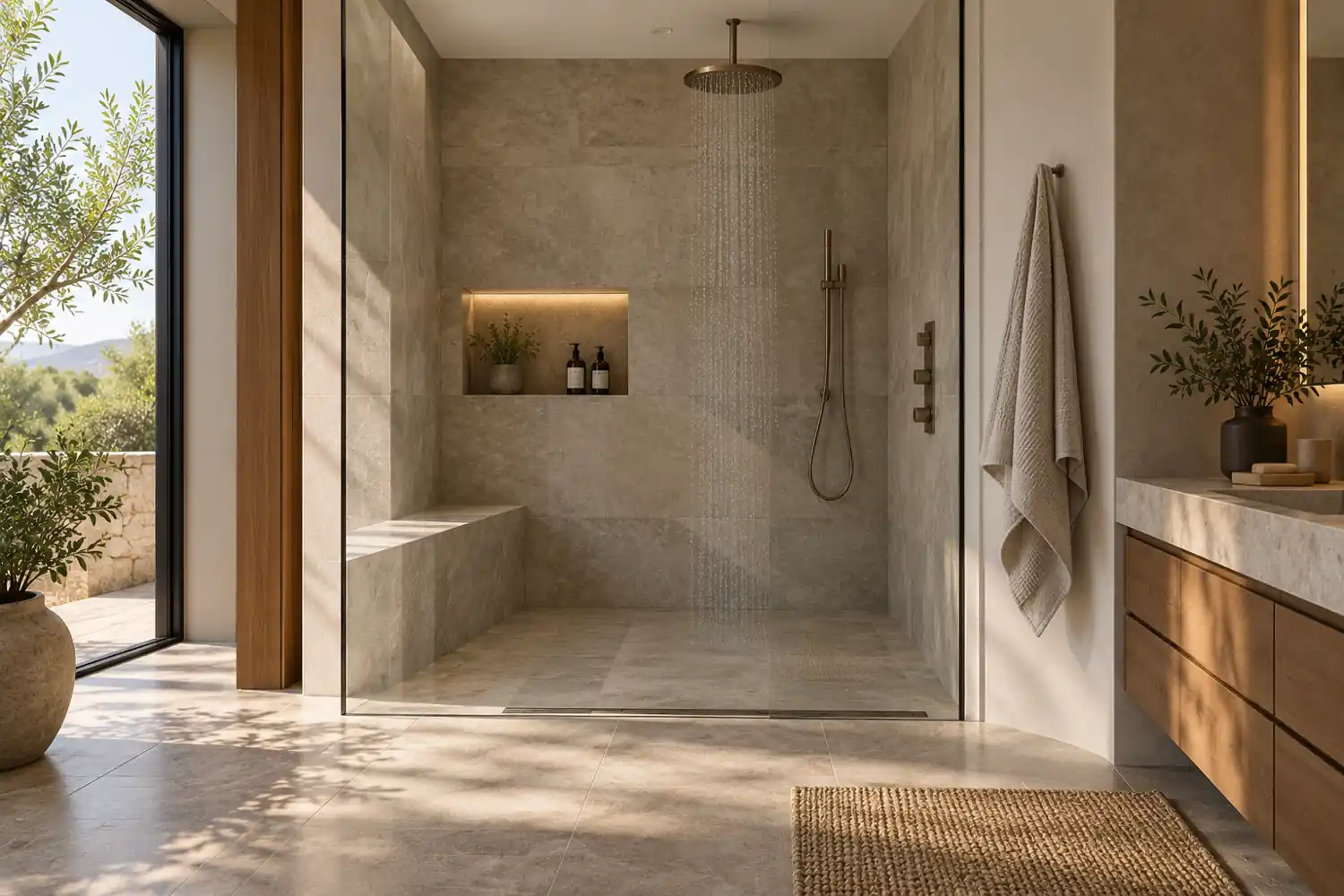 Walk-in shower with glass screen, bench, niche, and dry towel area