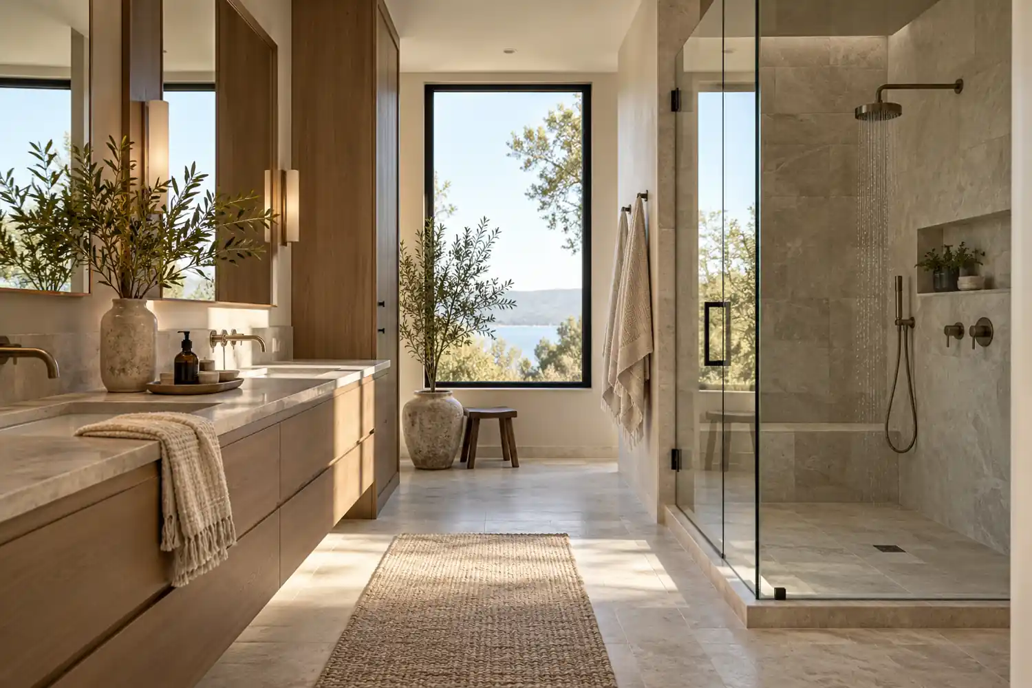 Bathroom entrance with a clear dry route beside a separate shower