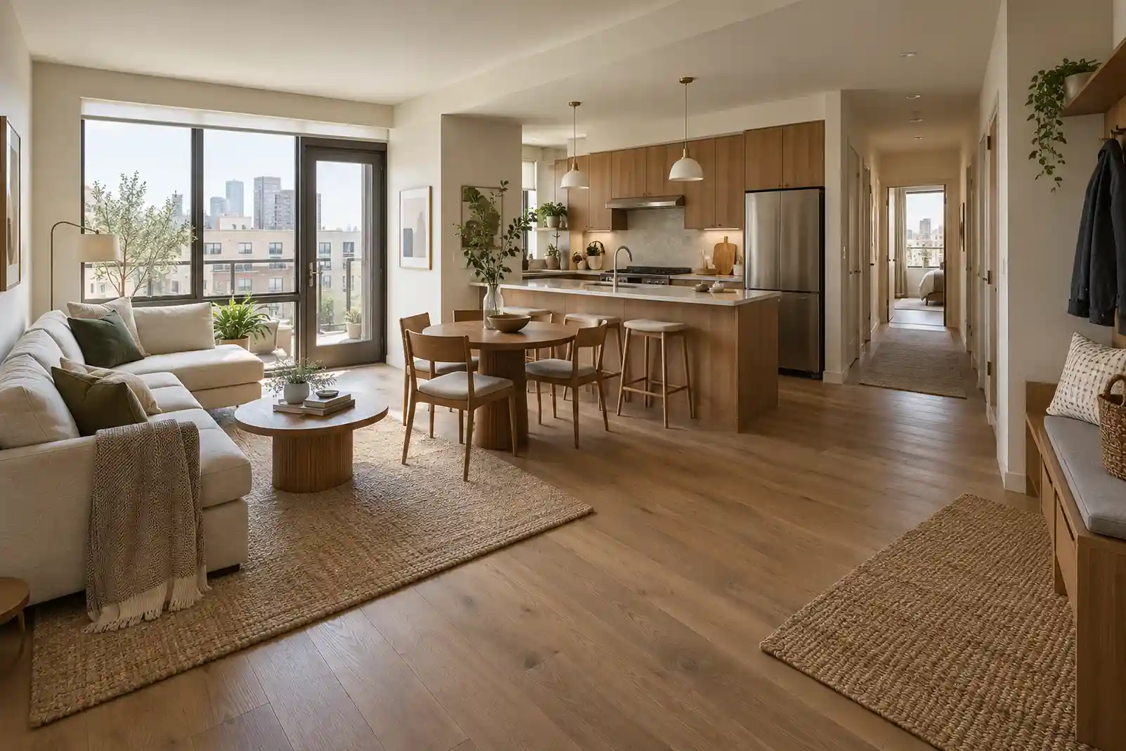Warm modern apartment with connected oak kitchen, dining area, living room and entry storage