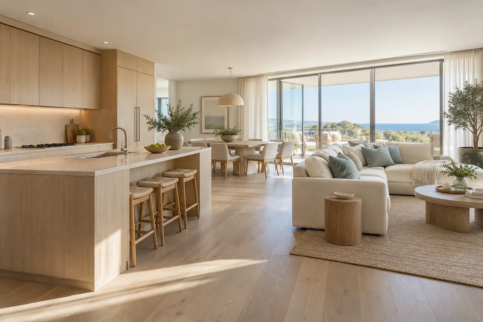 Modern coastal apartment with pale oak cabinetry, linen seating and a balcony connection