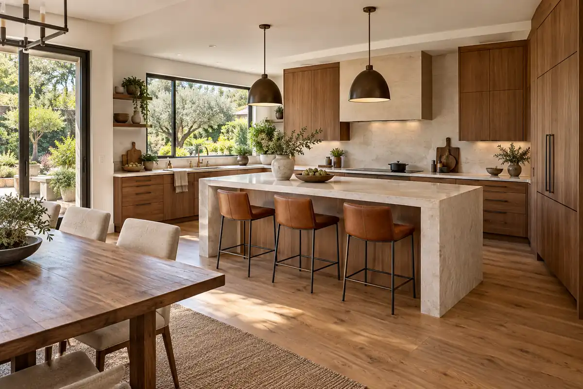 Modern kitchen with walnut cabinetry, a pale stone island, and natural daylight from garden windows.