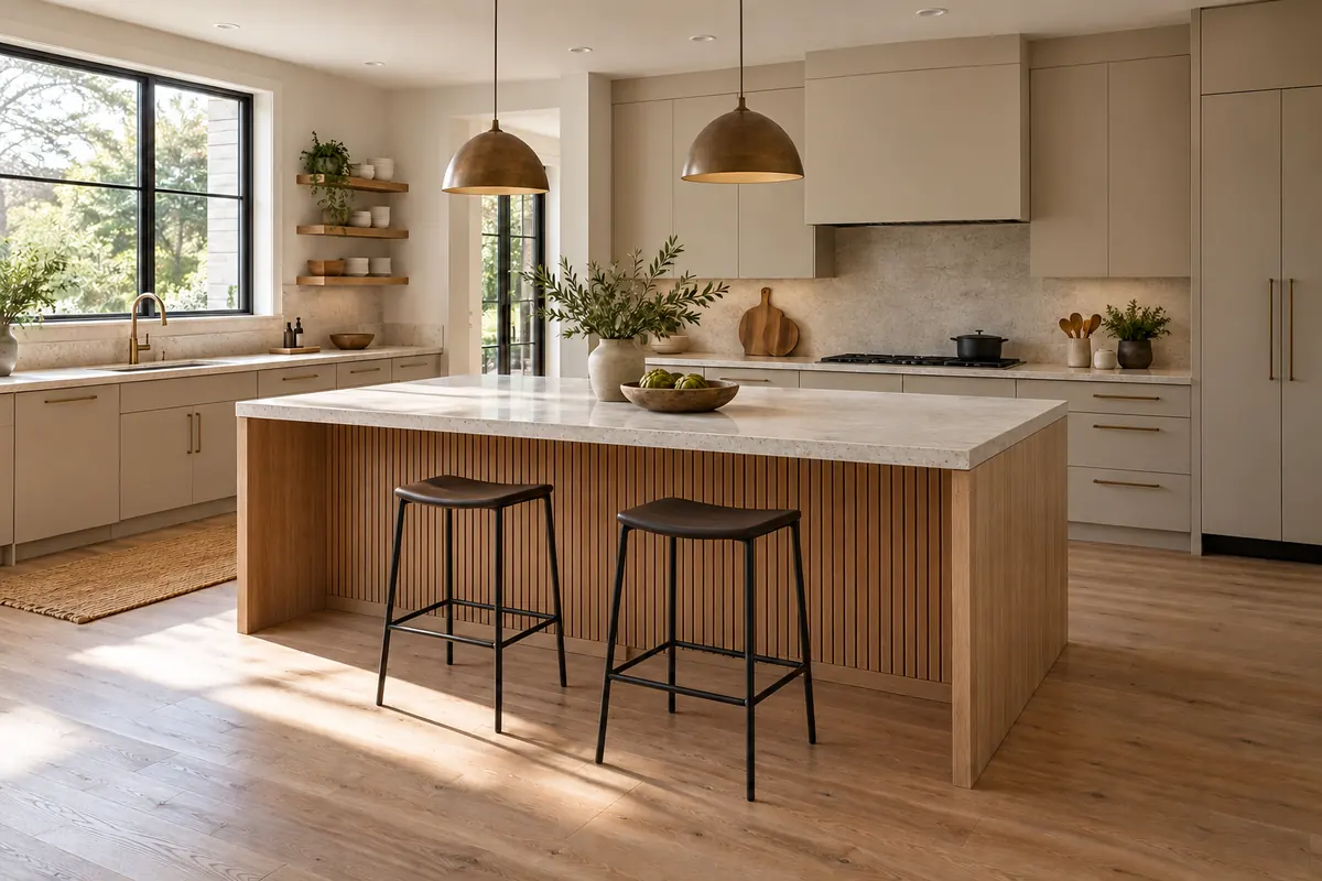 Modern kitchen with fluted wood on the island back, flat cabinet doors, and a simple light stone countertop.