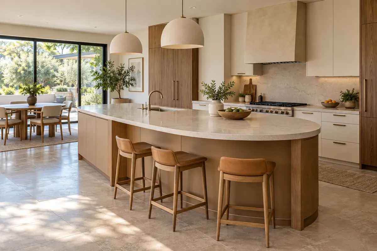 Modern kitchen with a rounded island end, warm neutral cabinets, and generous circulation space.