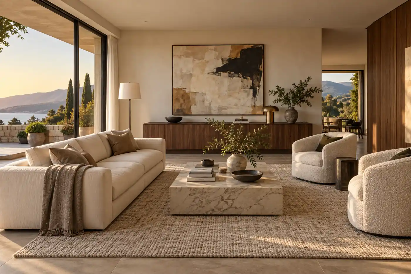 Warm modern living room with cream seating, stone coffee table, walnut cabinetry, and terrace views
