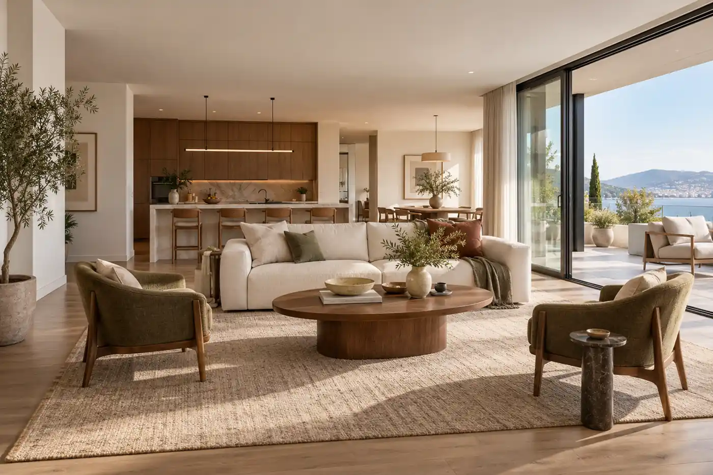 Sofa and two accent chairs arranged around an oval coffee table and a shared rug