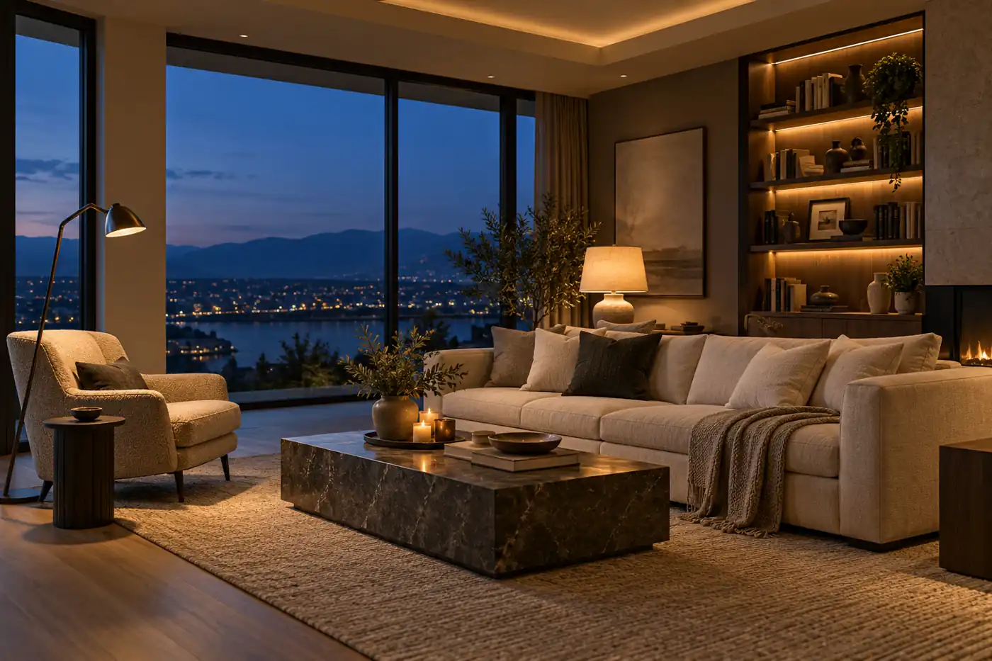 Evening living room with a reading lamp, table lamp, and softly lit shelves