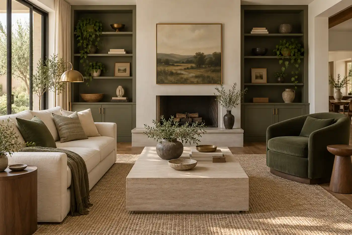 Olive cabinetry, woven ivory sofa, green chair, and a pale stone coffee table