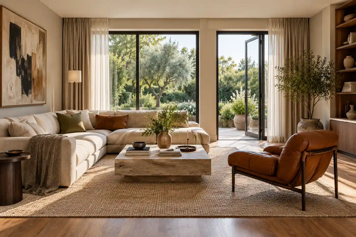 Living room with garden views, open curtains, a cognac chair, and a clear terrace doorway