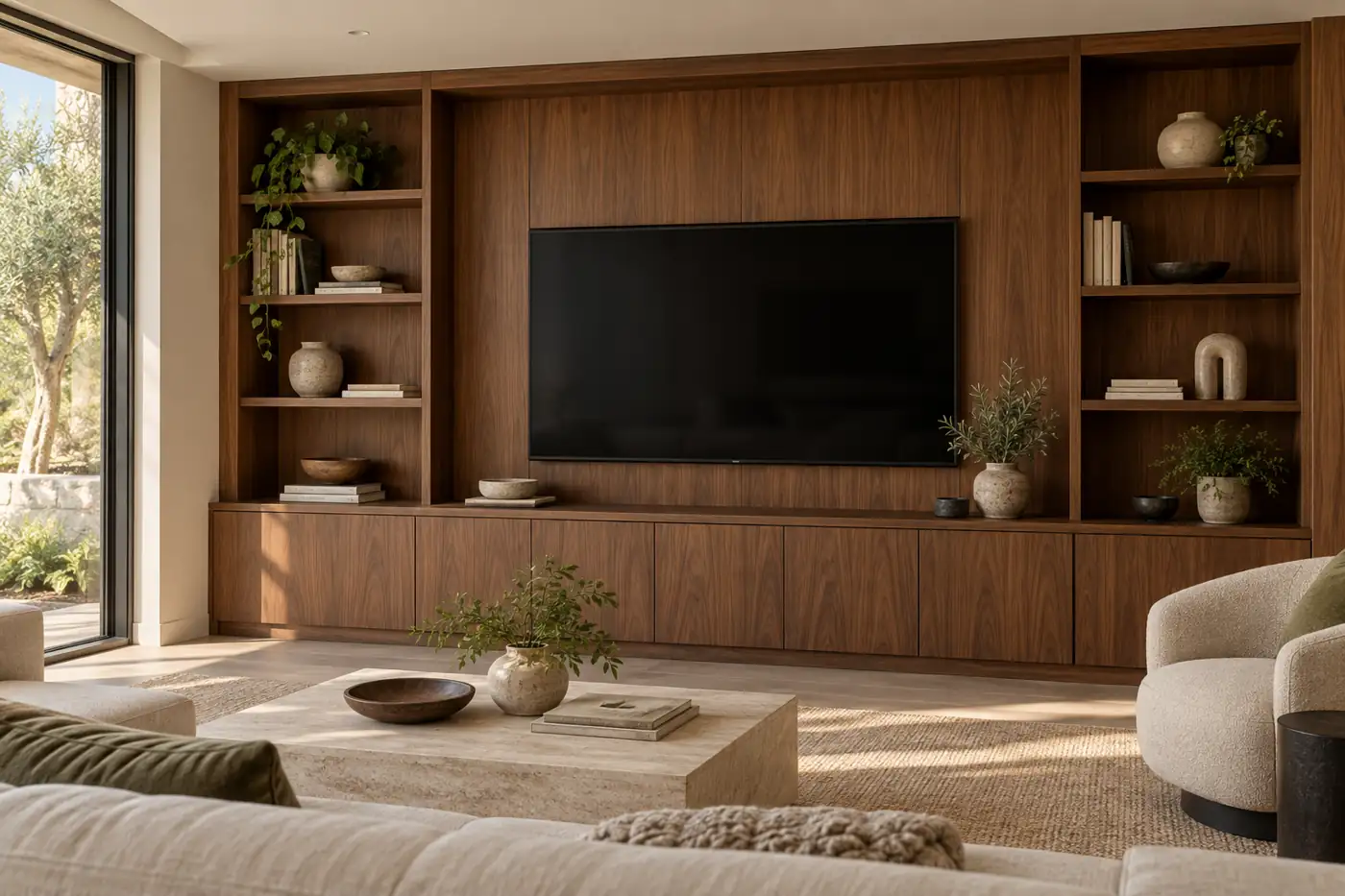 Walnut television wall with closed cabinets and open shelves for books and ceramics