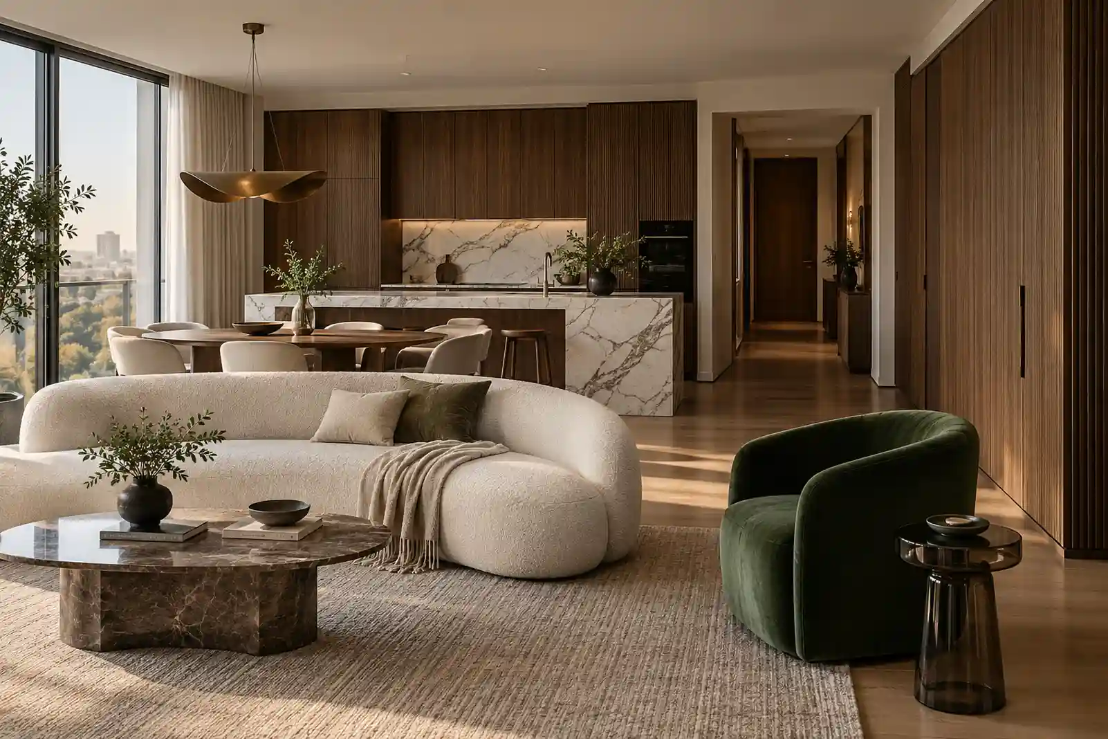Neo Deco apartment with fluted walnut cabinets, marble and an emerald accent chair