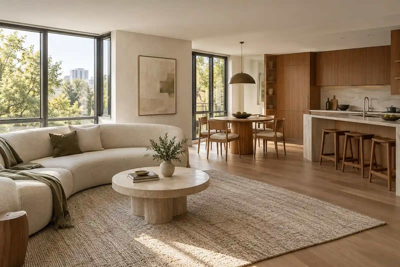 Organic modern corner apartment with curved seating, wood cabinets and a stone table