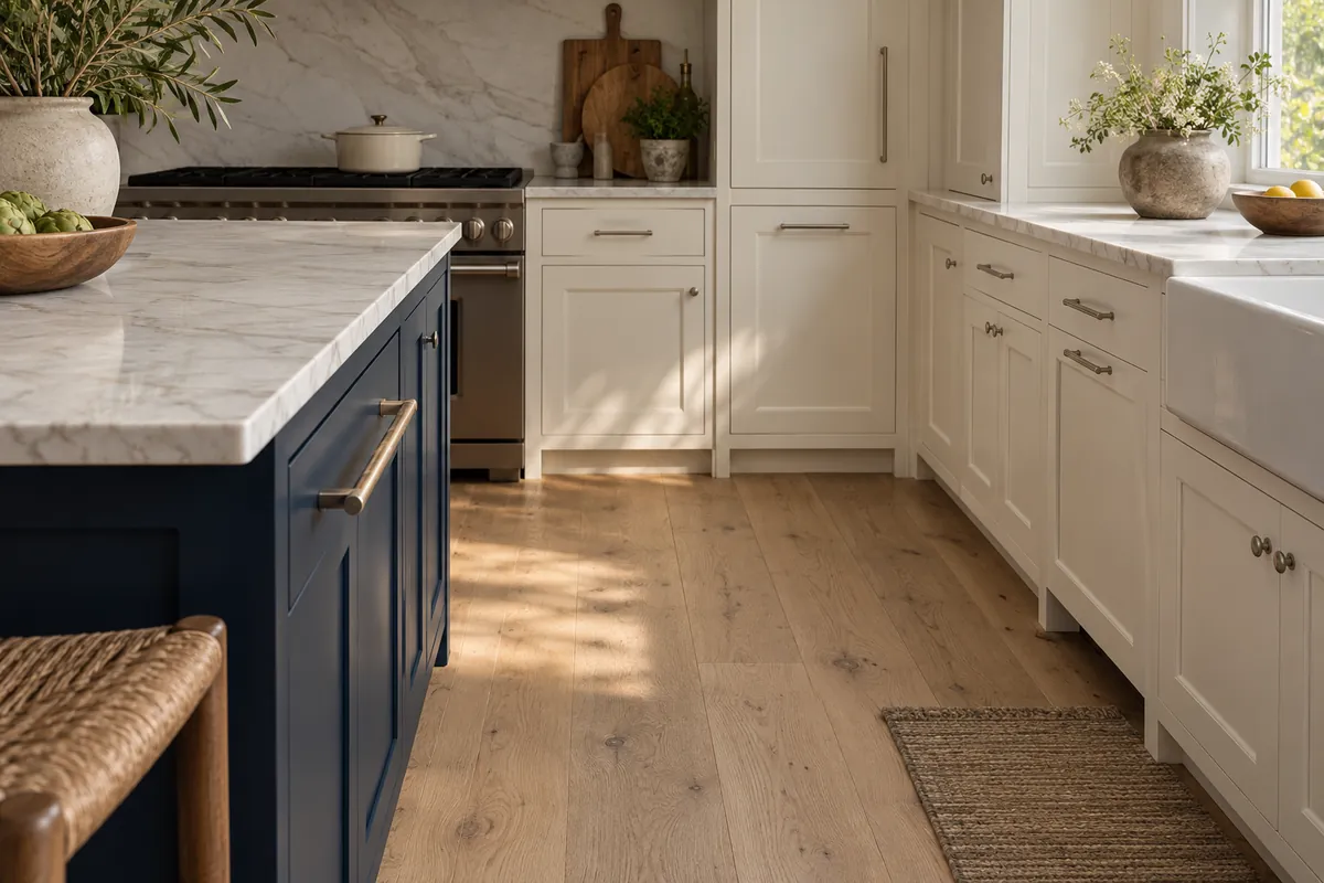 Oak flooring beside warm white cabinetry, ivory stone and navy joinery