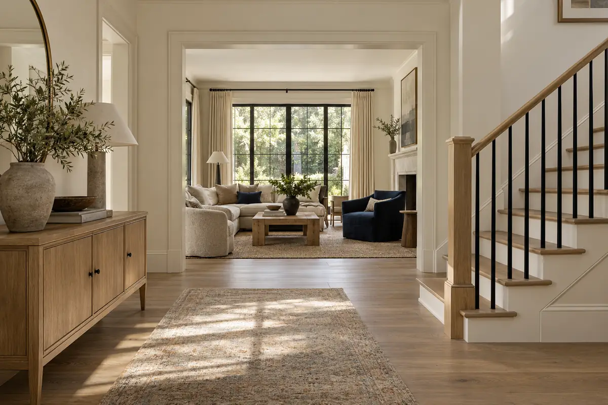 Entry hall linking white oak stairs and a warm neutral living room
