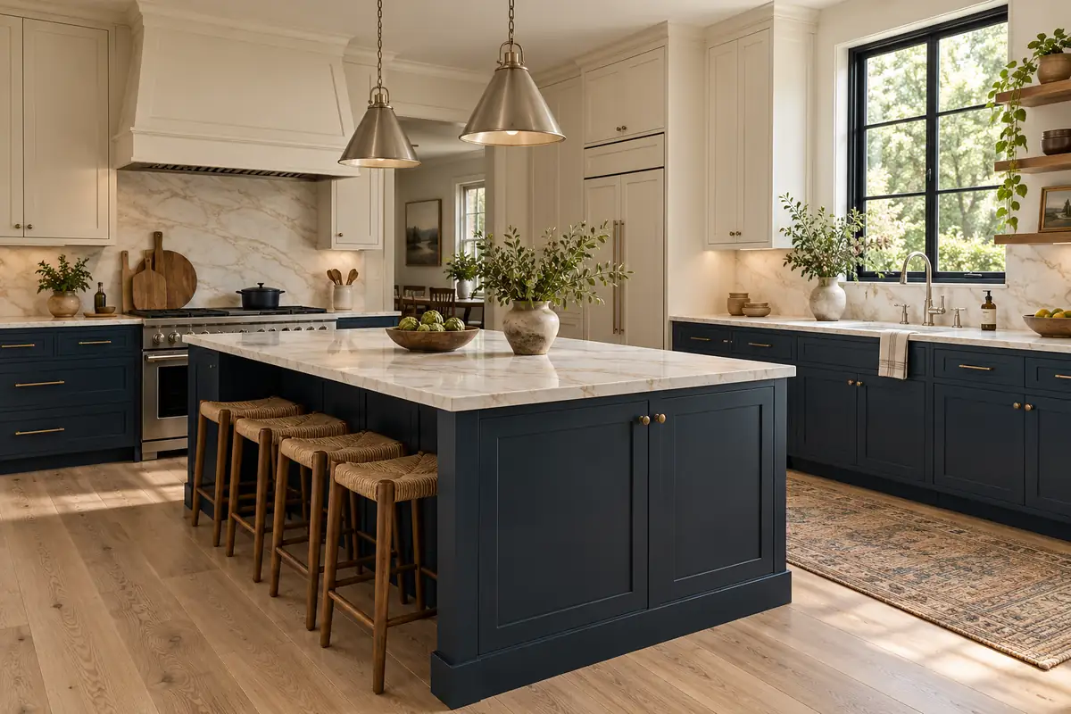 Navy lower cabinets with warm white upper cabinets and oak flooring