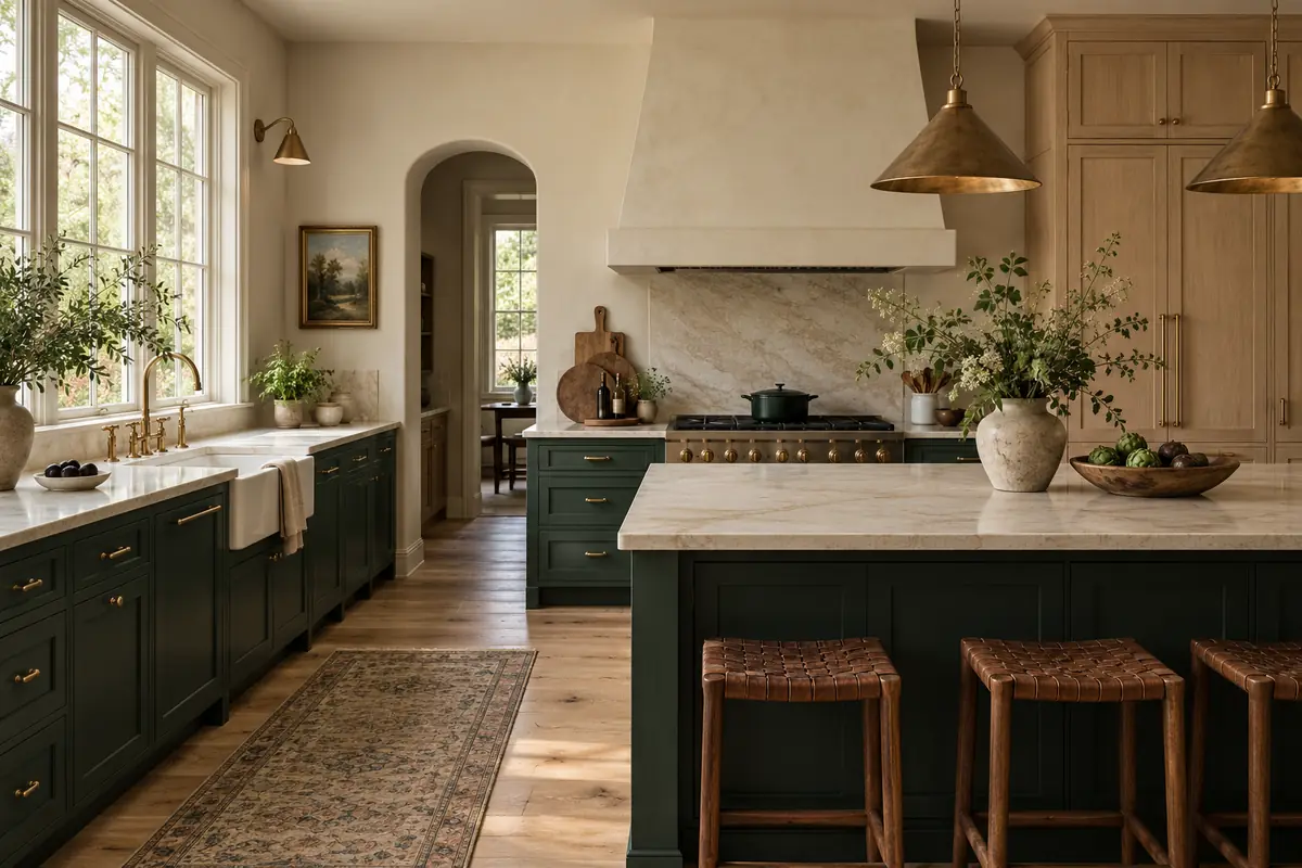 Deep green kitchen cabinets with white oak and cream stone