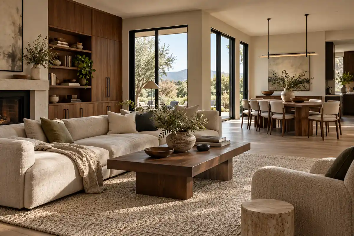 Warm greige living and dining room with walnut cabinetry and black frames
